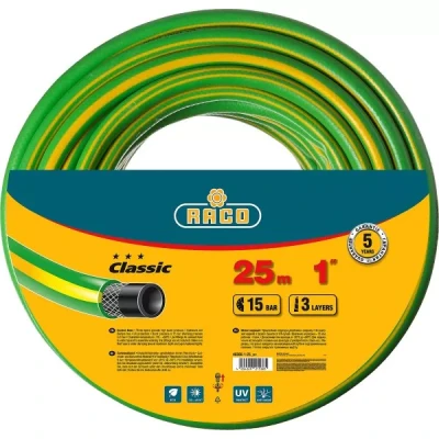 Шланг RACO "CLASSIC" поливочный, 15атм., армированный, 3-х слойный, 1"х25м 40306-1-25