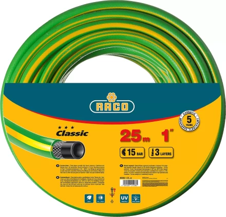 Шланг RACO &quot;CLASSIC&quot; поливочный, 15атм., армированный, 3-х слойный, 1&quot;х25м 40306-1-25 купить в Тюмени