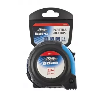 Рулетка Вектор 10 м х 25 мм, утолщенное полотно, магнитный зацеп, обрезиненный корпус  БАРС 32544 купить в Тюмени