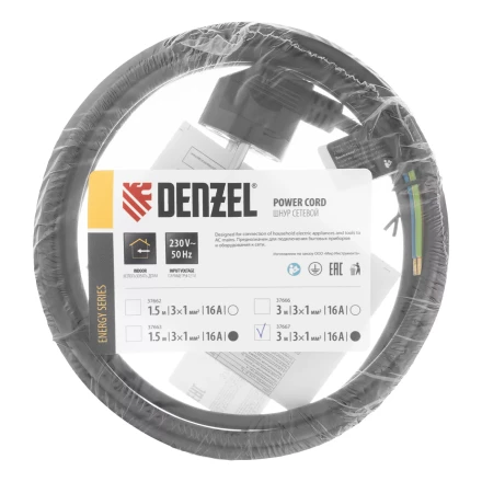 Шнур сетевой Denzel Energy Series, ПВС, 3 м, 3 x 1 мм, с неразборной вилкой, черный, 3 м, 37667 купить в Тюмени