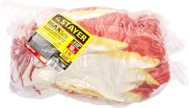 Перчатки STAYER "МASTER" MaxSafe трикотажные, двойная обливная ладонь из латекса, х/б, 13 класс, L-XL, 10 пар 11409-H10 купить в Тюмени