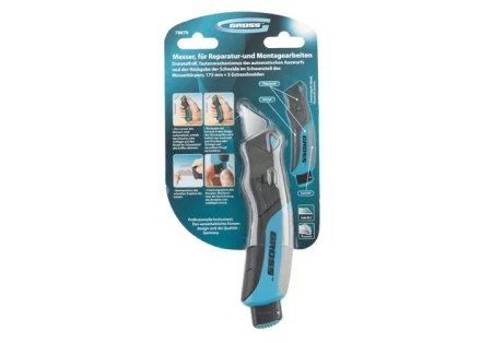 Нож ремонтно-монтажный, трехкомпонентная рукоятка, кнопочный авто выброс/возврат лезвия, 175 мм + 5 з.л GROSS 78879 купить в Тюмени