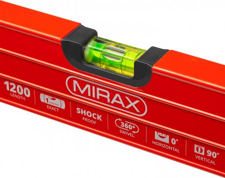 Уровень коробчатый усиленный MIRAX, утолщенный профиль, 3 противоударных ампулы (1 поворотная на 360 град), с ручками, 120 см 34603-120 купить в Тюмени