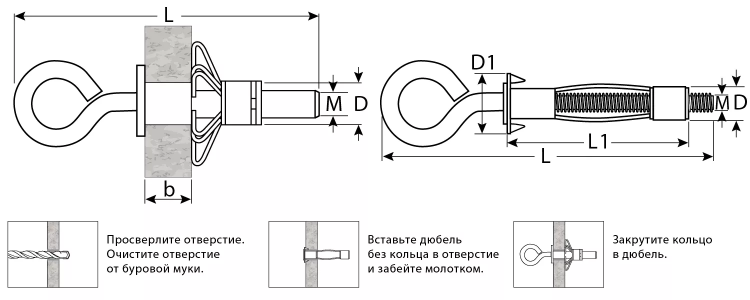 ЗУБР МОЛЛИ, М4 х 32 х 8 мм, 100 шт, анкер с кольцом для пустотелых конструкций (302532-04-032) купить в Тюмени