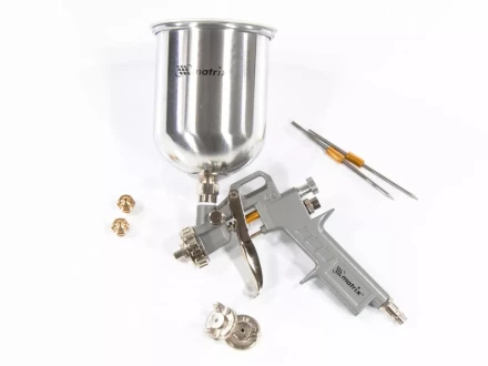 Пневматический краскопульт с верхним бачком V=1,0 л + сопла диаметром 1.2, 1.5 и 1.8 мм  MATRIX 57315 купить в Тюмени