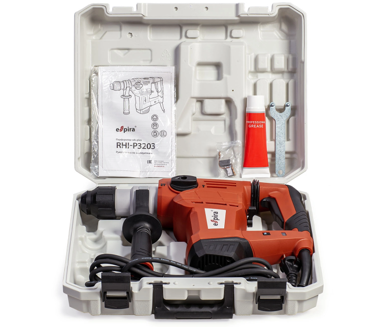 Перфоратор ESPIRA RHI-P3203 (sds plus, 220–240В/50Гц, мощн.1500Вт, ск. хол хода 950 об/м, эн.уд .4,0 Дж, 5.6 кг), 400452 купить в Тюмени