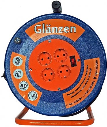 Удлинитель силовой на катушке GLANZEN 4 гн. КГ 3х1,5 ЕВ-50-009 купить в Тюмени