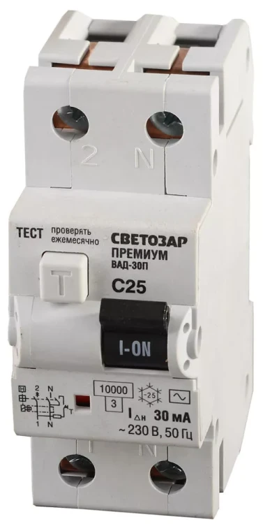 Выключатель дифф. автоматический СВЕТОЗАР "ПРЕМИУМ", 2-полюсный, 25 A, "C", "AC", откл.диф.ток. 30 мА, 230 / 400 В SV-49212-30-25-C купить в Тюмени