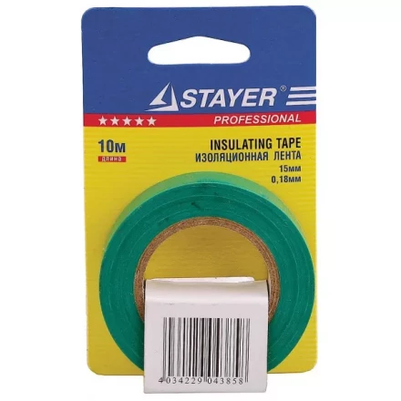 Изолента, STAYER Profi 12292-G-15-10, ПВХ, на карточке, 15мм х 10м х 0,18мм, зеленая 12292-G-15-10 купить в Тюмени