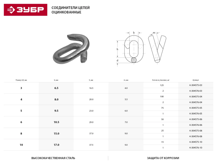 Соединитель цепей ЗУБР, оцинкованный, 3мм, 2 шт 4-304576-03 купить в Тюмени