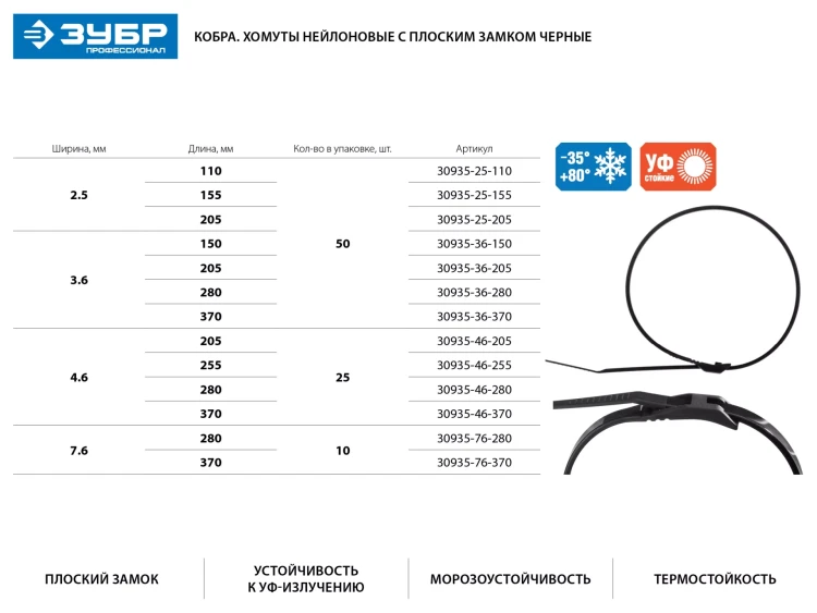 Кабельные стяжки черные КОБРА, с плоским замком, 2.5 х 205 мм, 50 шт, нейлоновые, ЗУБР 30935-25-205 купить в Тюмени