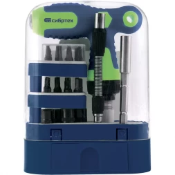 Отвертка Т-образная реверсивная с набором бит торцевых головок 33 предмета CrV Сибртех артикул 13382