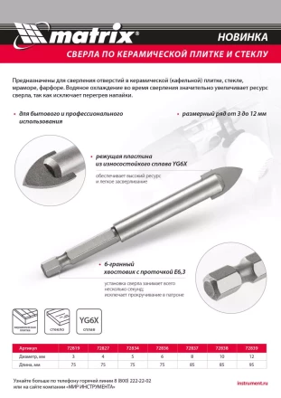 Сверло по керамической плитке и стеклу, 5 мм, шестигранный хвостовик Matrix 72834 купить в Тюмени