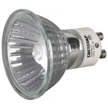 Лампа галогенная СВЕТОЗАР с защитным стеклом, алюм. отражатель, цоколь GU10, диаметр 51мм, 35Вт, 220В SV-44823 купить в Тюмени