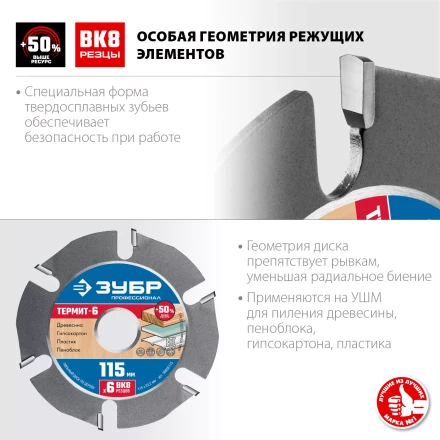 ЗУБР Термит-6, 115 х 22.2 мм, 6 резцов, для УШМ, усиленный, пильный диск по дереву, Профессионал (36858-115) купить в Тюмени