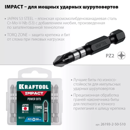 Биты для ударных шуруповертов KRAFTOOL Impact Pro PZ 26193-2-50-S10 купить в Тюмени