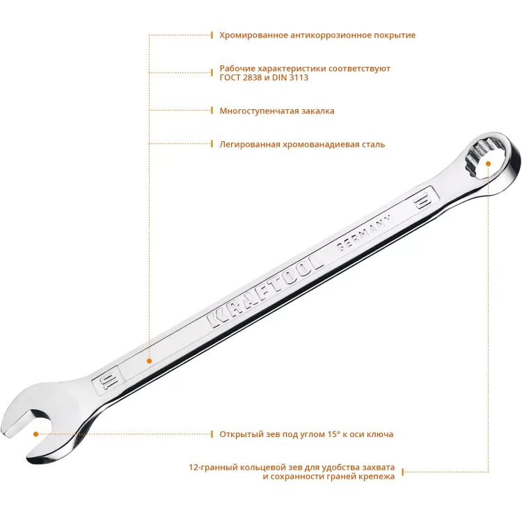 Ключи комбинированные KRAFTOOL, Cr-V, DIN 3113 27079-10 купить в Тюмени
