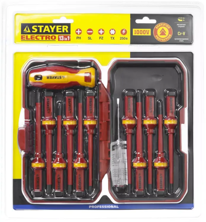 Набор STAYER "PROFI": Отвертки диэлектрические до 1000В, 13 предметов 25146-H13 купить в Тюмени