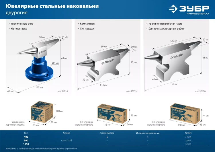 ЗУБР 400 г настольная, ювелирная стальная наковальня, Профессионал (32614) купить в Тюмени