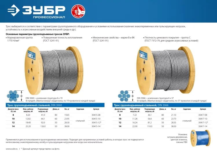 ЗУБР DIN 3060, свивка 6 х 19 + IWR, 14 мм, L 50 м, грузоподъемный стальной трос, Профессионал (30415-14) купить в Тюмени