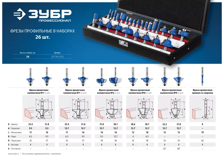 ЗУБР 26 шт, набор профильных фрез по дереву, Профессионал (28796-H26) купить в Тюмени