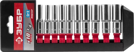 Набор ЗУБР &quot;МАСТЕР&quot;: Торцовые головки (1/4&quot;) удлиненные на пластиковом рельсе, Cr-V, 4-13мм, 10 предметов 27657-H10 купить в Тюмени