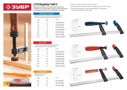 Струбцина ЗУБР &quot;ПРОФЕССИОНАЛ&quot;, тип &quot;F&quot;, двухкомпонентная ручка, стальная закаленная рейка, 50х250мм 32155-050-250 купить в Тюмени