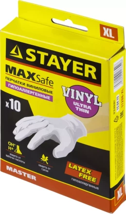 Перчатки STAYER &quot;MASTER&quot; виниловые экстратонкие, XL, 10шт 11208-XL купить в Тюмени