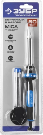 Паяльник ЗУБР &quot;ПРОФЕССИОНАЛ&quot; с двухкомпонентной рукояткой и защитным колпачком в наборе с припоем и подставкой, 60Вт, конус 55402-60_z01 купить в Тюмени