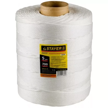 Шнур STAYER &quot;STANDARD&quot; хозяйственно-бытовой, полипропиленовый, вязанный, без сердечника, белый, d 5, катушка 700м 50420-05-700 купить в Тюмени
