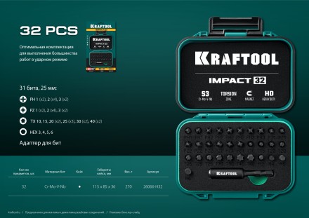 Набор ударных торсионных бит KRAFTOOL Impact, Cr-Mo-V-Nb сталь 26066-H32 купить в Тюмени