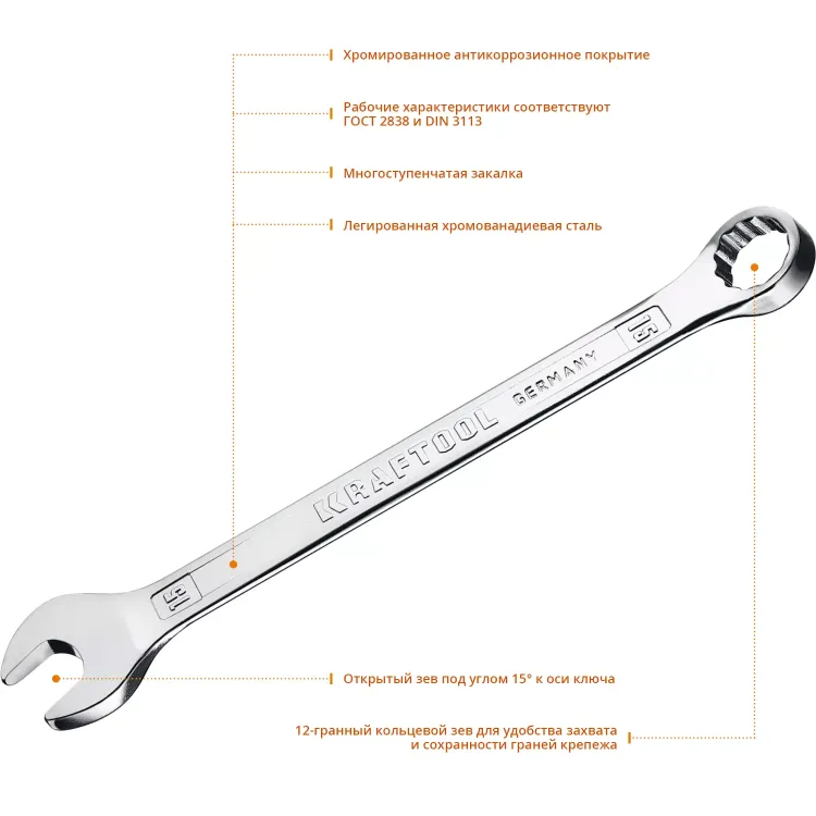 Ключи комбинированные KRAFTOOL, Cr-V, DIN 3113 27079-15 купить в Тюмени