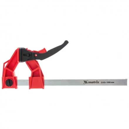 Струбцина реечная быстрозажимная усиленная пластиковый корпус рычажно-храповой механизм 250 х 100 х 401 мм штанга 5 х 22 мм Matrix 20727 купить в Тюмени