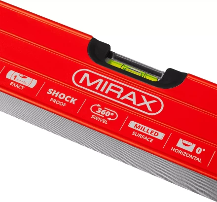 Уровень коробчатый усиленный MIRAX, фрезерованная поверхность, утолщенный профиль, 3 противоударных ампулы (1 поворотная на 360 град), с ручками, 80 см 34603-080 купить в Тюмени