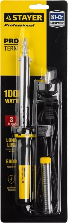 Паяльник PROTerm с двухкомпонентной рукояткой, в комплекте с припоем и подставкой, жало - клин, STAYER Professional 55300-100, 100 Вт 55300-100 купить в Тюмени