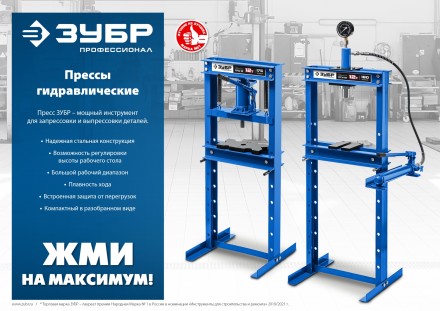 ЗУБР ПГН-20, 20 т, гидравлический пресс с гидронасосом и манометром, Профессионал (43072-20) купить в Тюмени