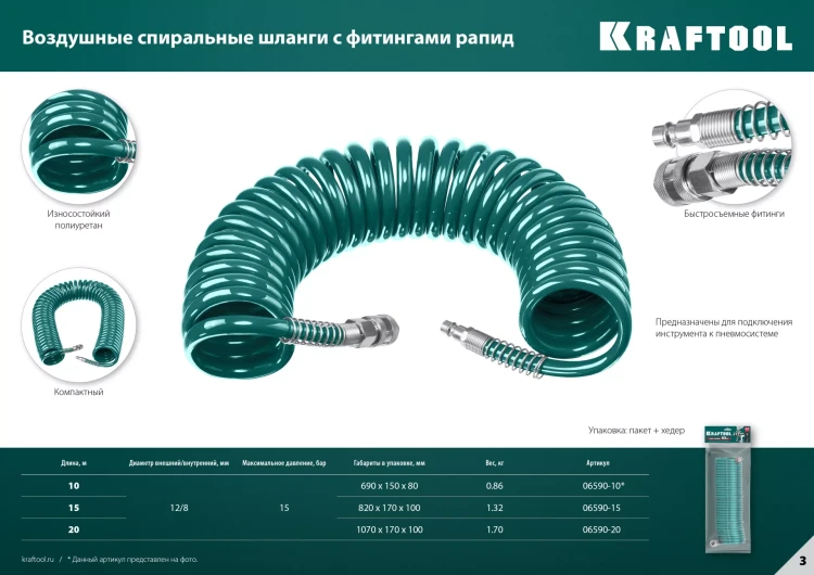 Воздушный спиральный шланг KRAFTOOL с фитингами рапид 8х12 мм 06590-20 купить в Тюмени