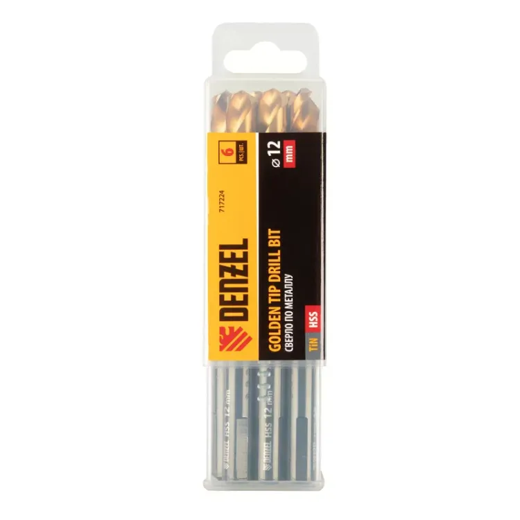 Сверло по металлу, 12 мм, HSS-Tin, Golden Tip, 6 шт. Denzel 717224 купить в Тюмени