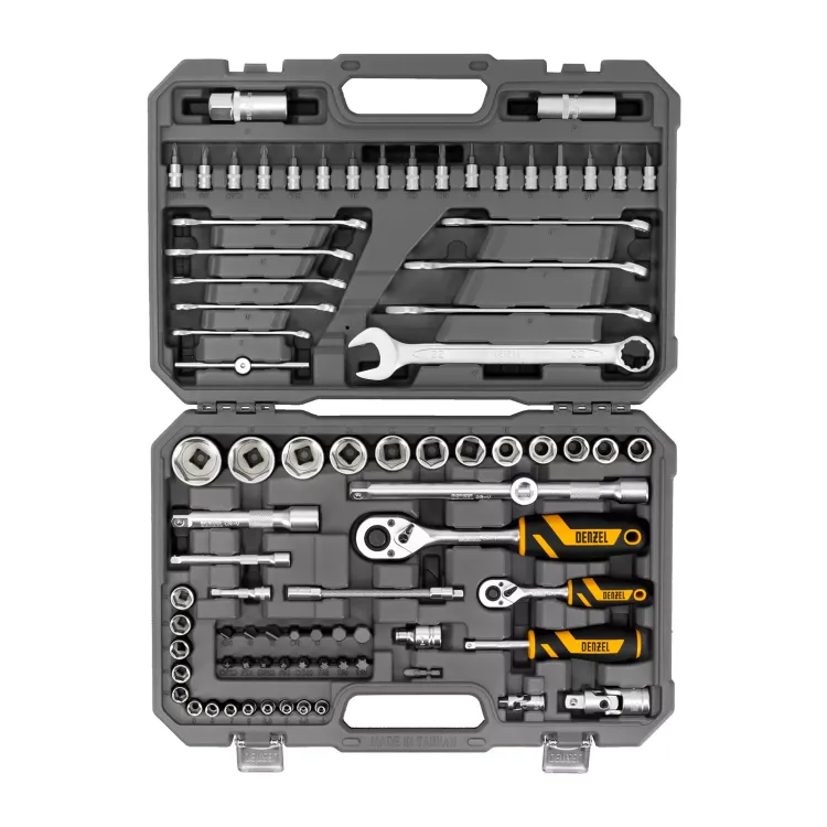 Набор инструментов Denzel, 1/2", 1/4", CrV, S2, пластиковый кейс, 82 предмета 15809 купить в Тюмени