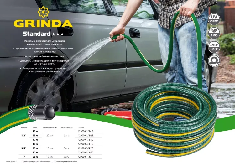 Шланг GRINDA "STANDARD" поливочный, 15 атм., армированный, 3-х слойный, 3/4"х15м 429000-3/4-15 купить в Тюмени