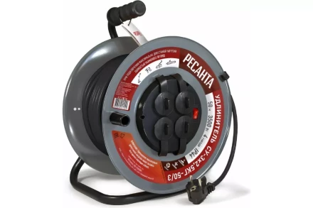 Удлинитель силовой на металлической катушке Ресанта СУ-3х2,5КГ-50/3 (с выкл., 4 розетки, IP44) 61/118/10 купить в Тюмени