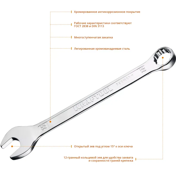 Ключи комбинированные KRAFTOOL, Cr-V, DIN 3113 27079-22 купить в Тюмени