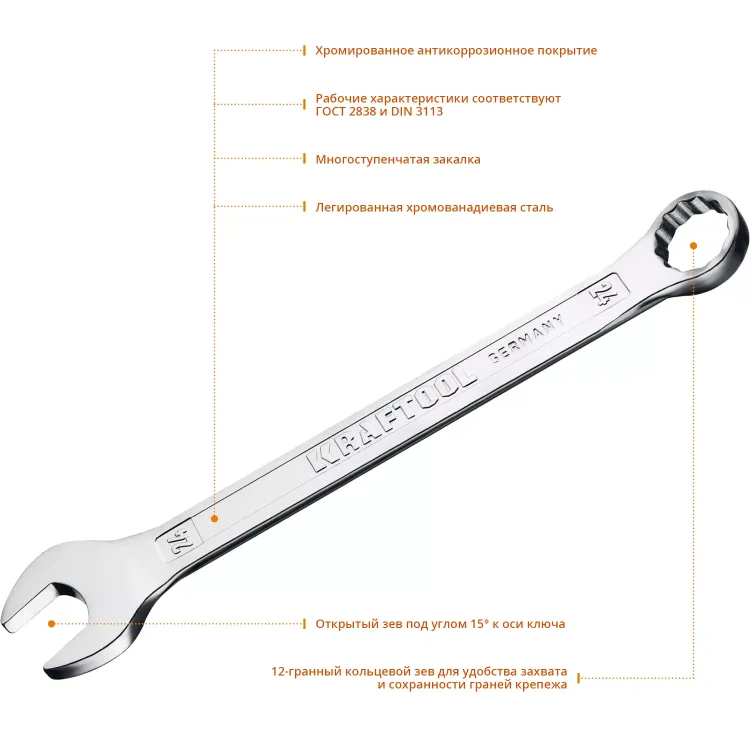 Ключи комбинированные KRAFTOOL, Cr-V, DIN 3113 27079-24 купить в Тюмени
