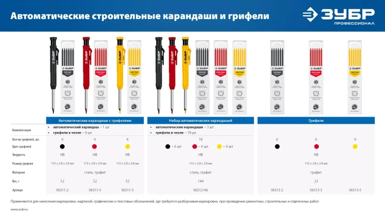 ЗУБР АСК набор: 18 сменных грифелей: 6ч + 6ж + 6к ( d 2,8 мм, HB), 3 автоматических карандаша (06312-H6) купить в Тюмени