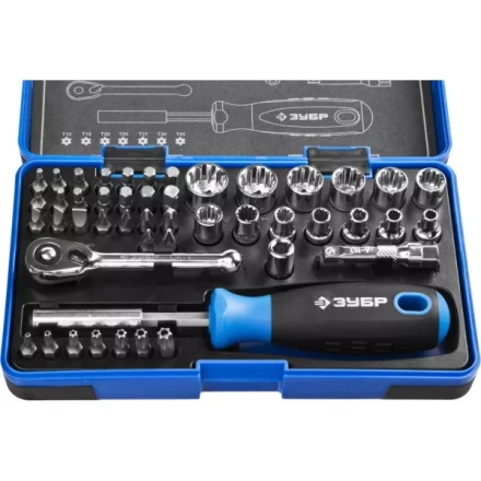 Набор ЗУБР &quot;ПРОФИ&quot;: Отвертка с двухкомп рукояткой, насадки и мини трещетка, 47 предм, пластиковый бокс 25283-H47 купить в Тюмени