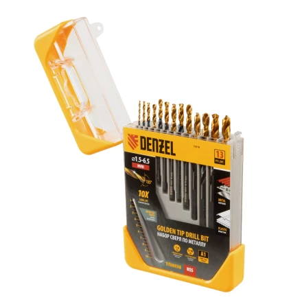 Набор сверл по металлу, 1,5-6,5 мм, HSS-Tin, Golden Tip, 13 шт Denzel 72318 купить в Тюмени