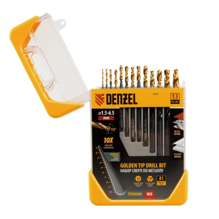 Набор сверл по металлу, 1,5-6,5 мм, HSS-Tin, Golden Tip, 13 шт Denzel 72318 купить в Тюмени