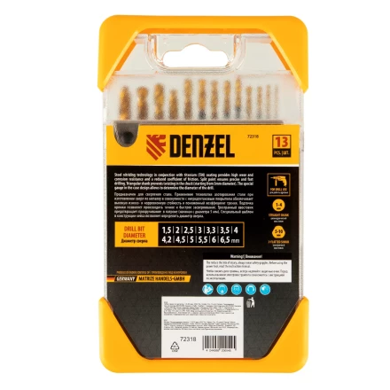 Набор сверл по металлу, 1,5-6,5 мм, HSS-Tin, Golden Tip, 13 шт Denzel 72318 купить в Тюмени