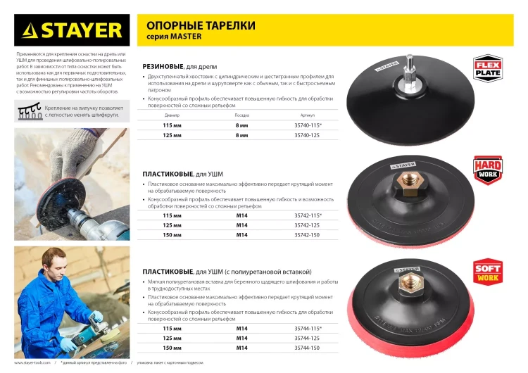 Тарелка опорная STAYER "MASTER" пластиковая для УШМ, на липучке, d=125мм, М14 35742-125 купить в Тюмени
