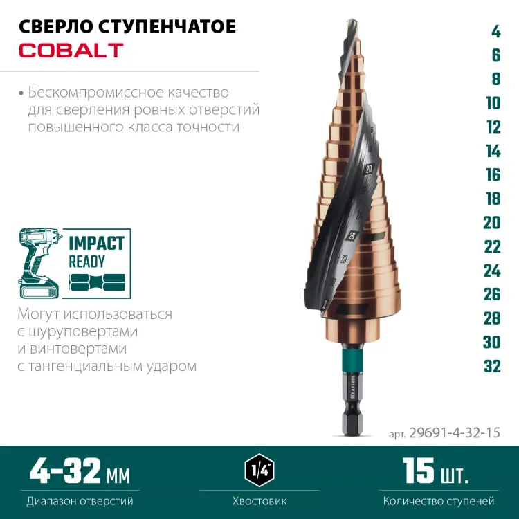 Ступенчатые сверла, сталь c кобальтом, спиральная проточка, НЕХ хвостовик 29691-4-32-15 купить в Тюмени